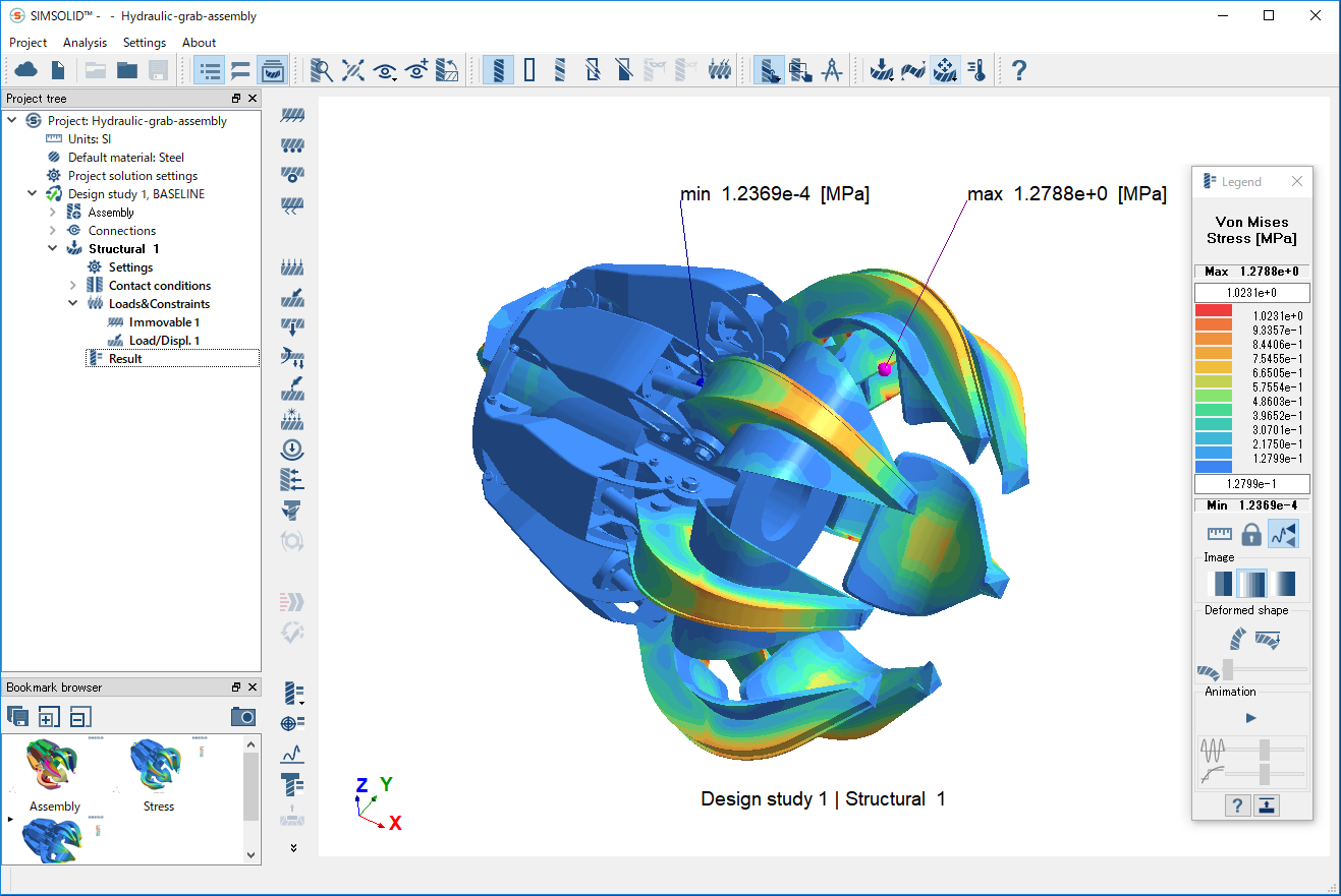 Von Mises stress analysis of a claw structure in Altair SimSolid