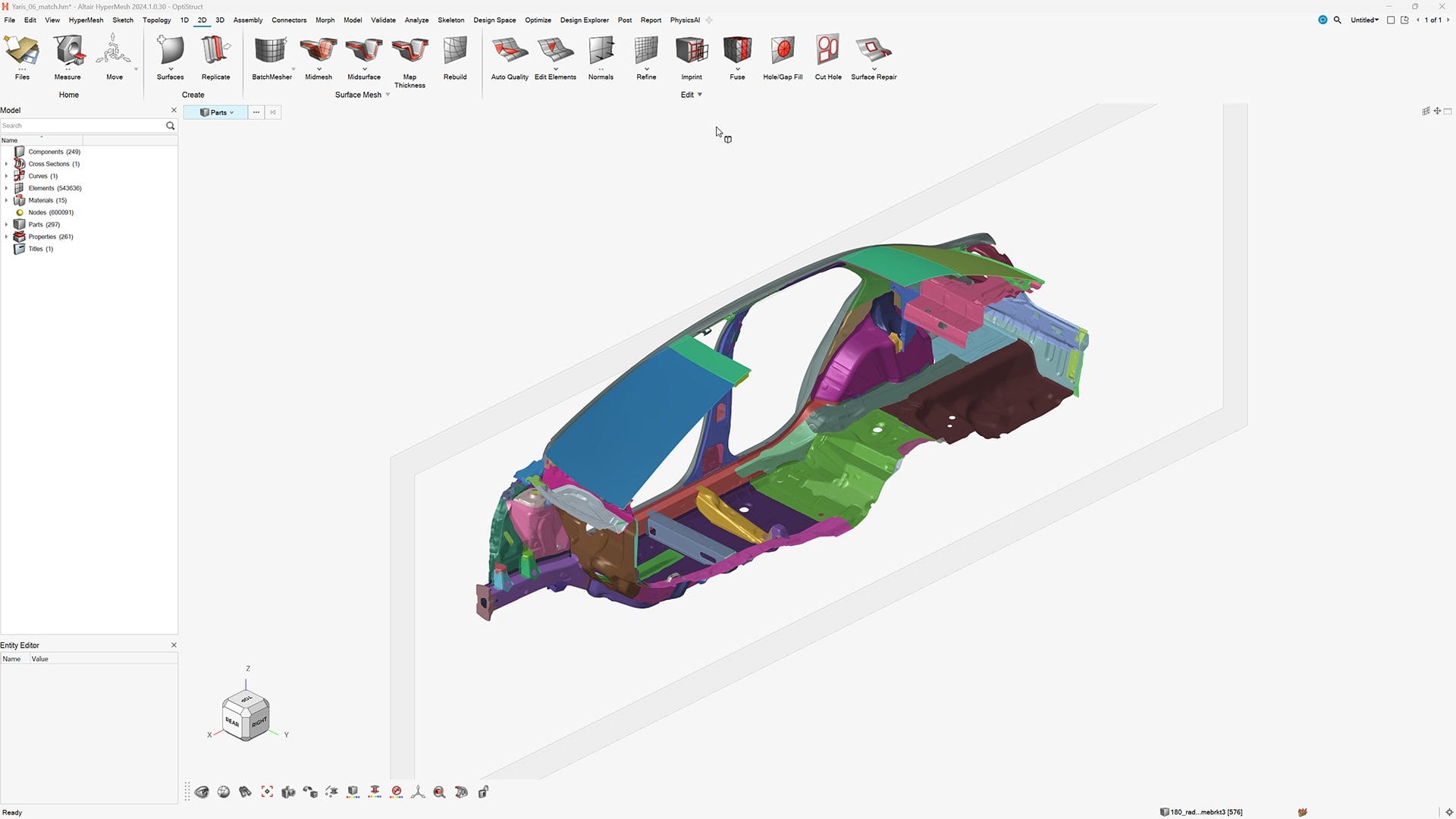 Rendering of a car frame in Altair HyperMesh