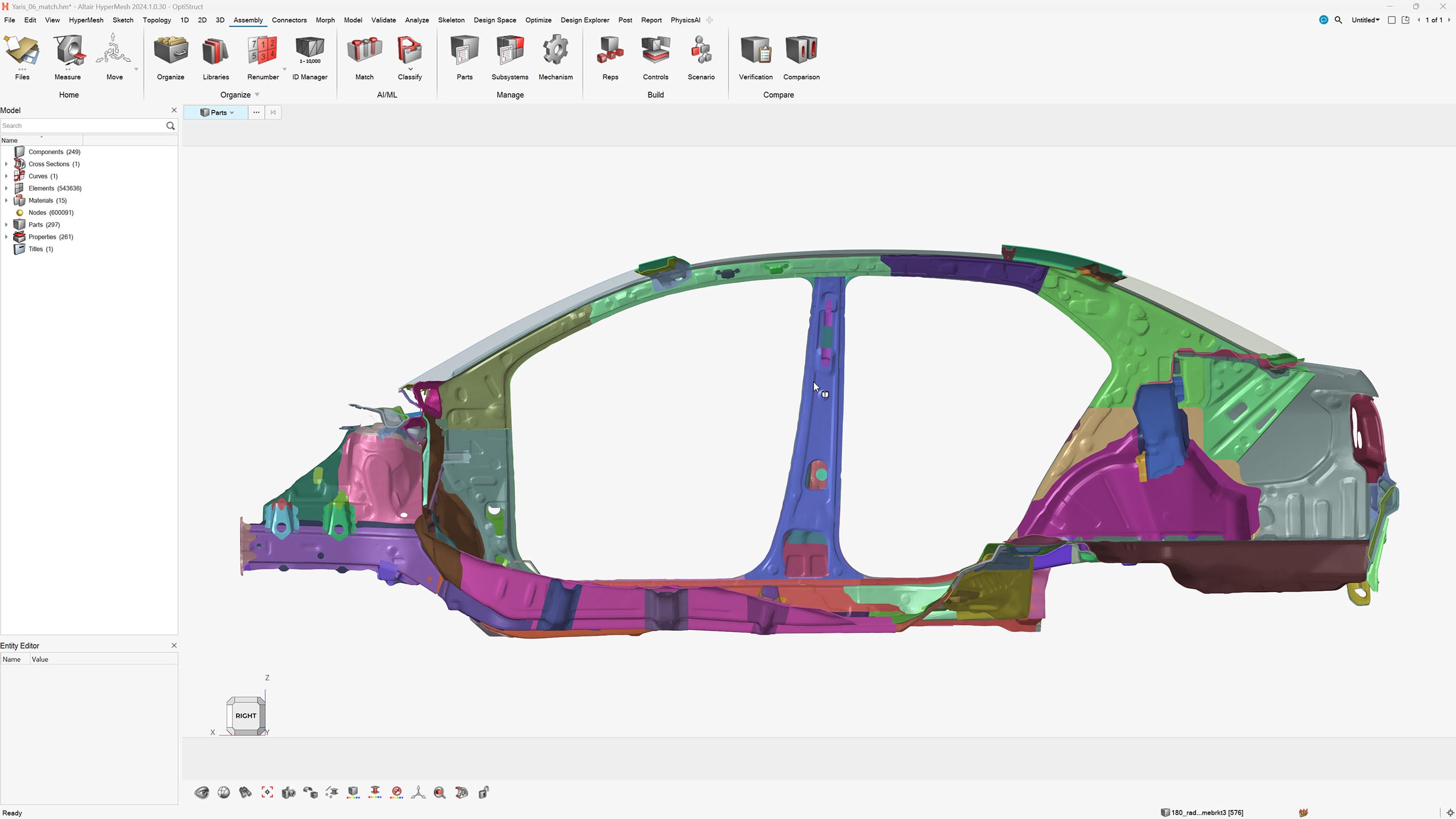 Side profile of a car frame in Altair HyperMesh